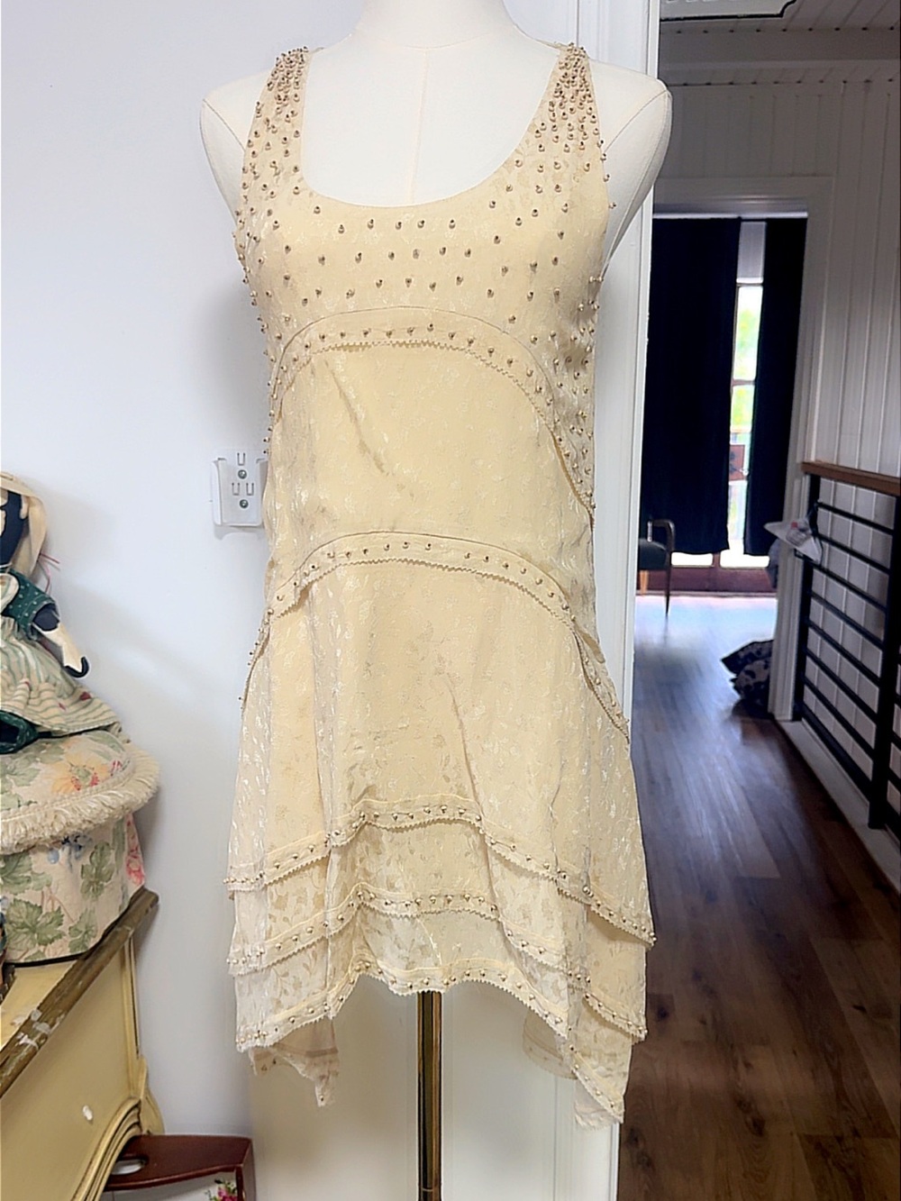 Zara Beaded Cream Sleeveless Tiered Dress